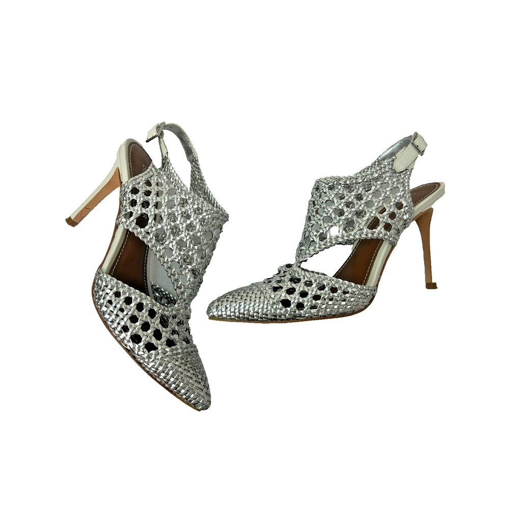Donald Pliner Parma Sling Back Stiletto Heel Metallic Silver Woven Leather SZ  7
